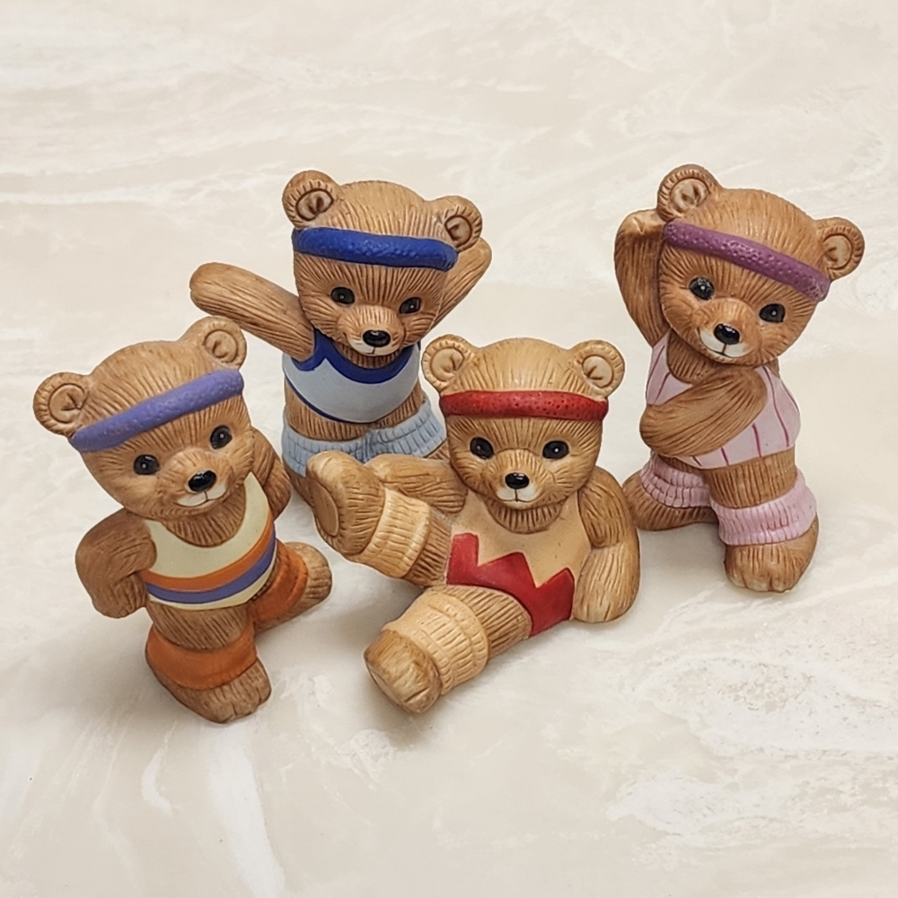Vintage Homco Fitness Friends Teddy Bear Figurines Brown Aerobic Yoga Set of 4